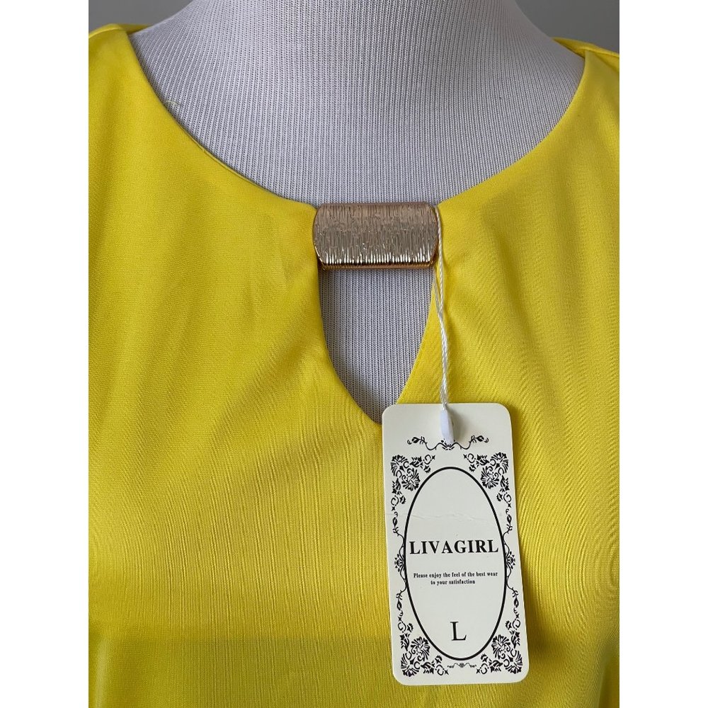 LivaGirl Vibrant Yellow Gold Accent Keyhole Front Sleeveless Midi Dress - Picture 3 of 13